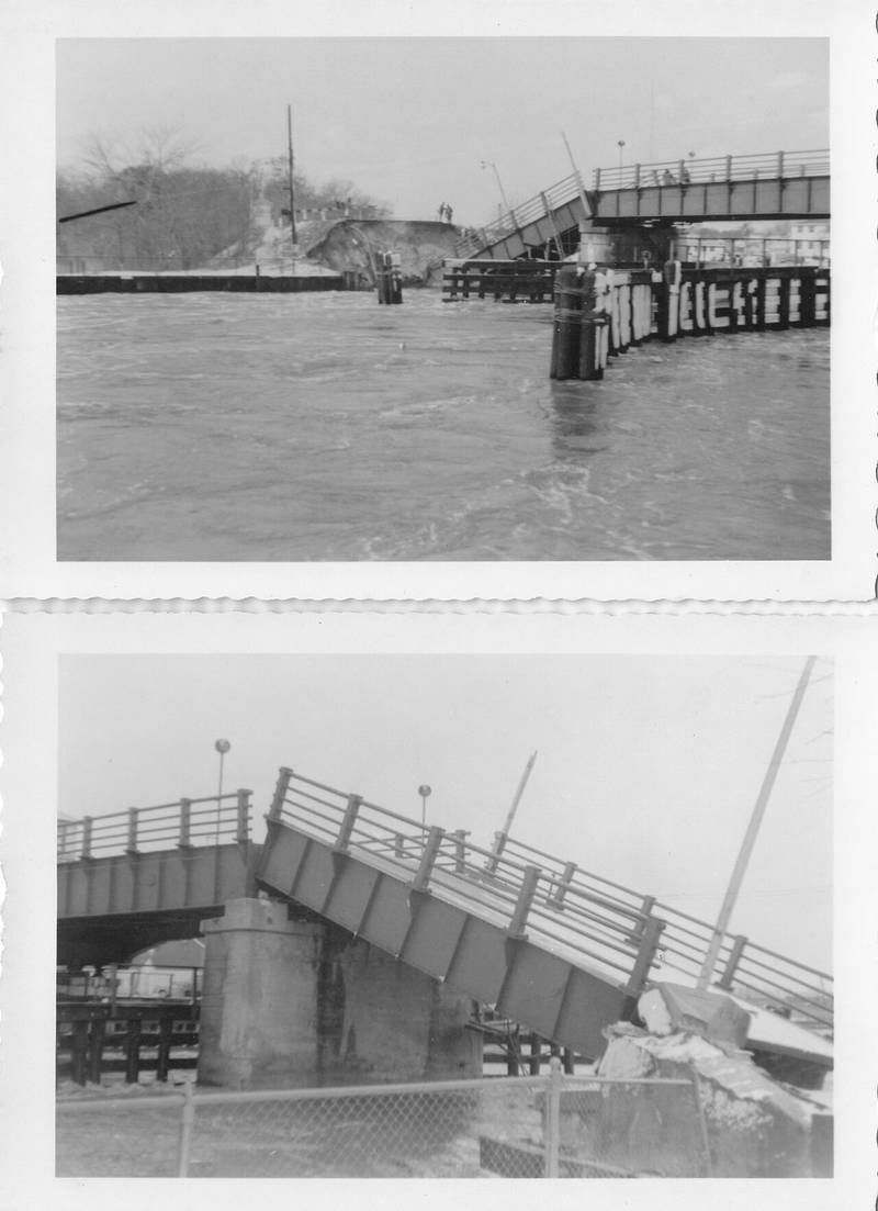 Two black-and-white photos of the collapsed Lovelandtown Bridge over the Point Pleasant Canal in 1962