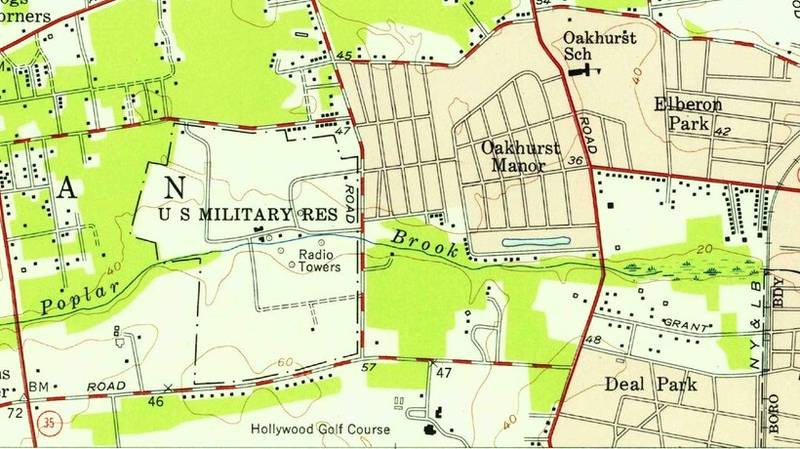 1954 USGS map showing the U.S. military reservation and radio towers that are now Joe Palaia Park, next to Oakhurst Manor