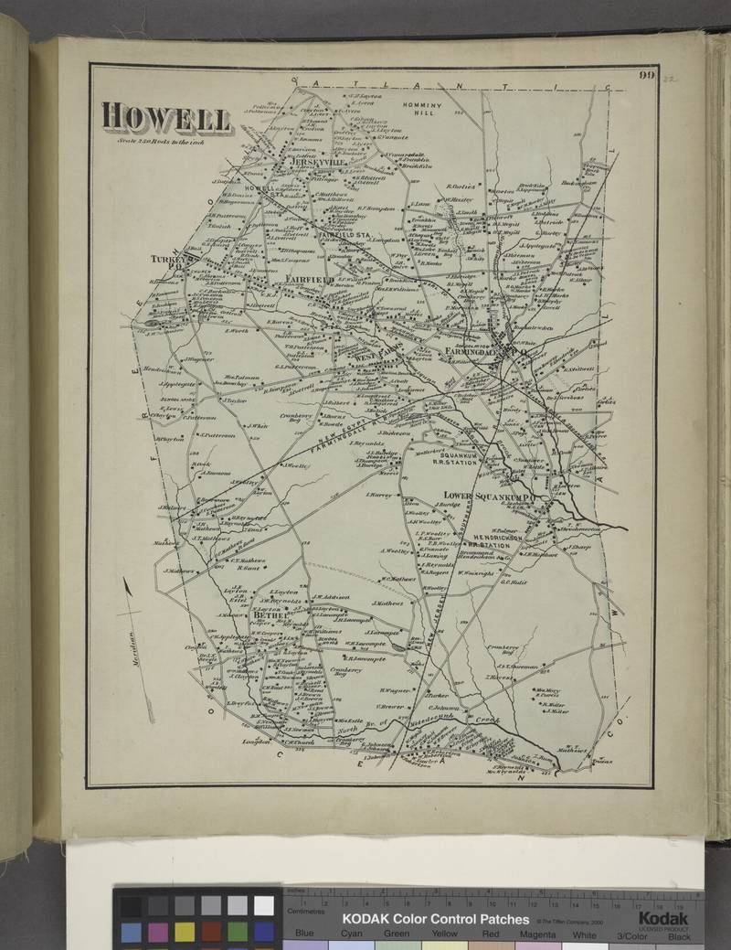 An 1873 atlas map of Howell Township showing Farmingdale, West Farms, Squankum, Jerseyville and the Manasquan River