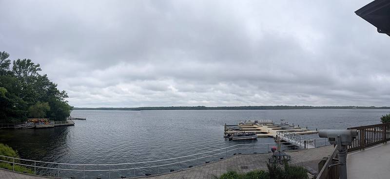 The Manasquan Reservoir and boat docks seen from the visitor center deck