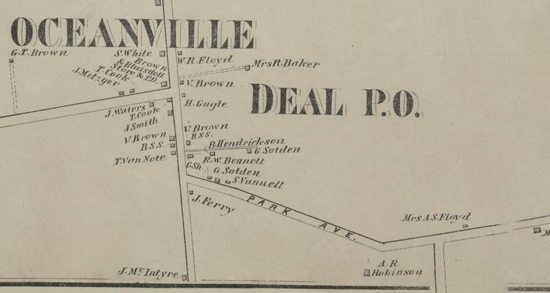 1873 atlas map of the village of Oceanville, now Oakhurst, with property owners' names