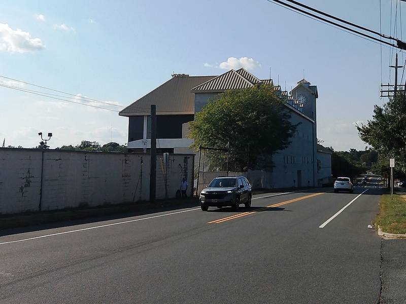 The Freehold Raceway grandstand with its clock tower, seen from Park Street